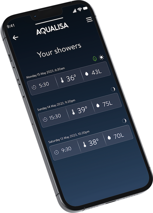 A 3D rendering of a phone showing the Aqualisa app 'Your Showers' on screen