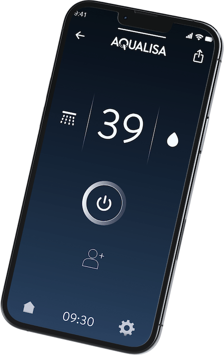 A 3D rendering of a phone showing the Aqualisa app 'Shower Controls' on screen