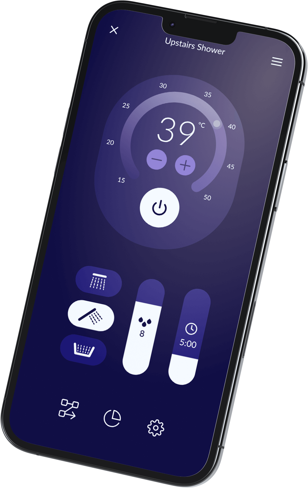 A 3D rendering of a phone showing the Aqualisa app 'Shower Controls' on screen