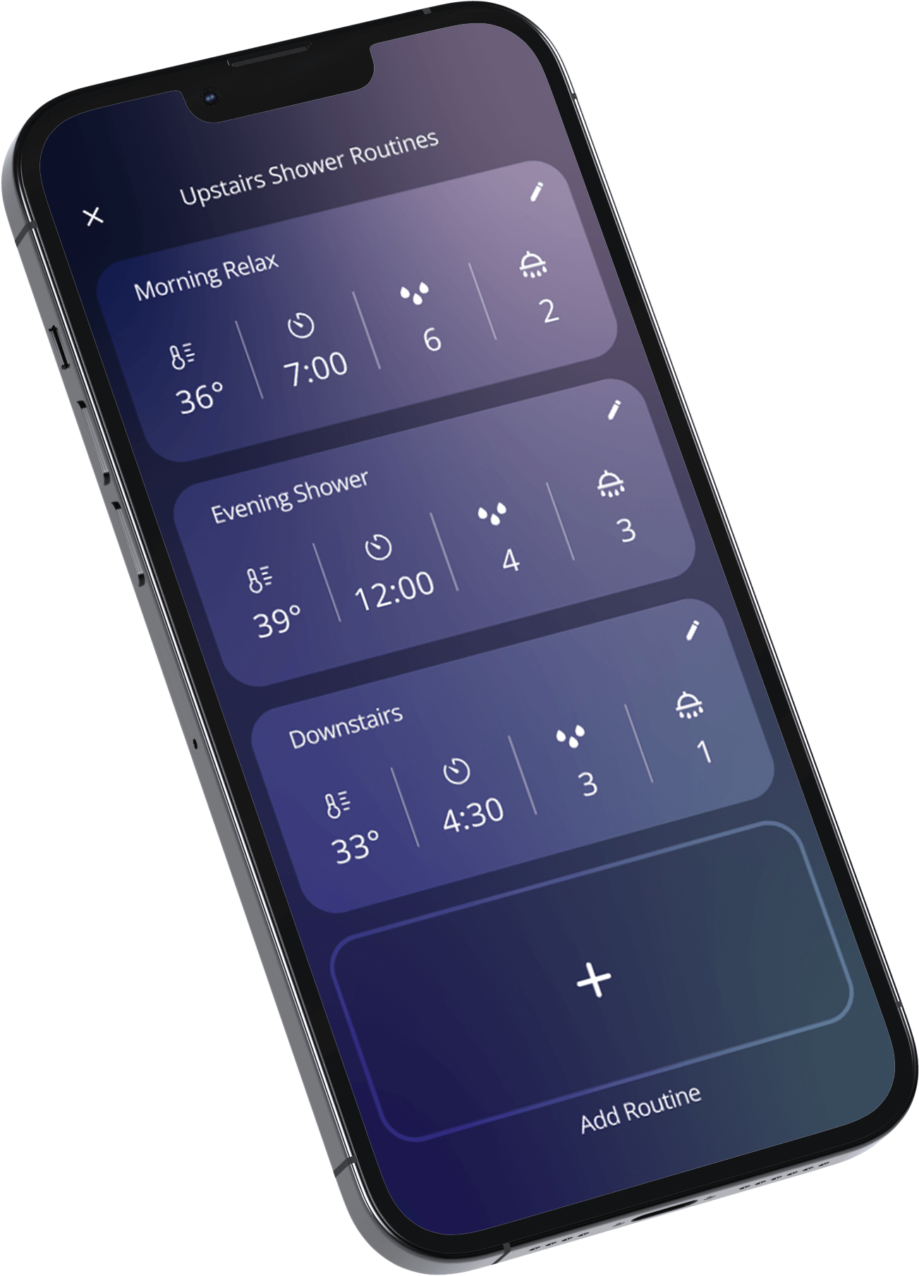 A 3D rendering of a phone showing the Aqualisa app 'Your Showers' on screen